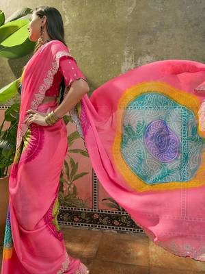 Pink womens pink  chiffon bandhani unstitched blouse piece & sarees 5