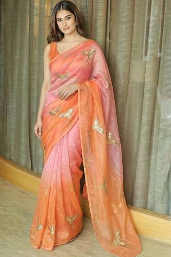 Peach women ethnic motifs embellished sequinned satin saree