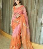 Peach women ethnic motifs embellished sequinned satin saree