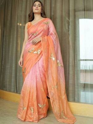Peach women ethnic motifs embellished sequinned satin saree 2