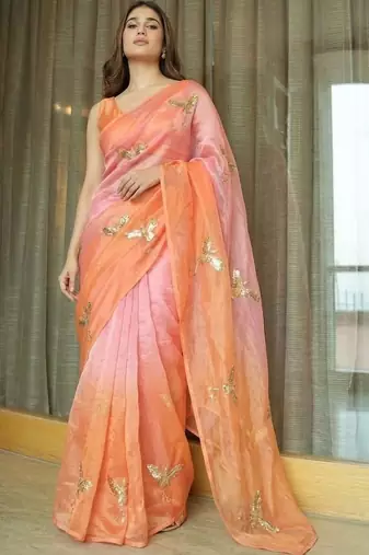 Peach women ethnic motifs embellished sequinned satin saree