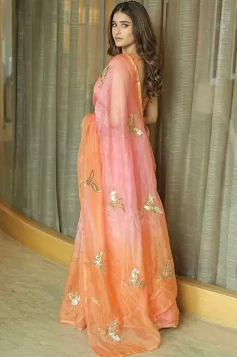 Peach women ethnic motifs embellished sequinned satin saree