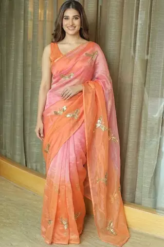Peach women ethnic motifs embellished sequinned satin saree