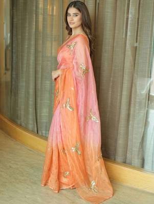Peach women ethnic motifs embellished sequinned satin saree 5