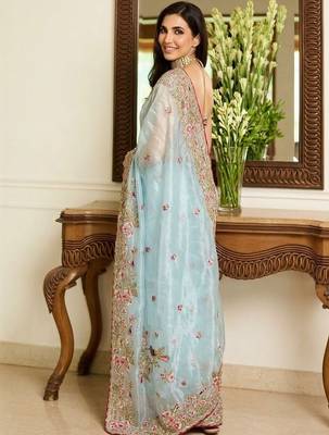 Turquoise embroidered sarees with unstitched blouse piece 2