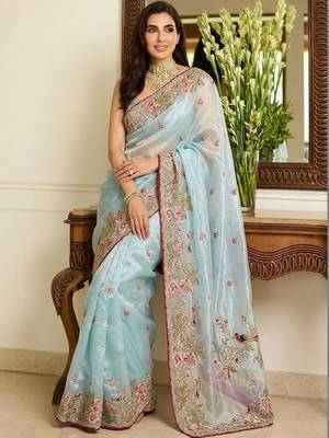 Turquoise embroidered sarees with unstitched blouse piece 3