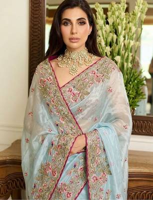 Turquoise embroidered sarees with unstitched blouse piece 4