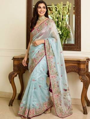 Turquoise embroidered sarees with unstitched blouse piece 5