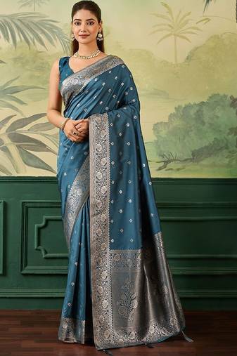 Teal zari silk blend handloom banarasi saree