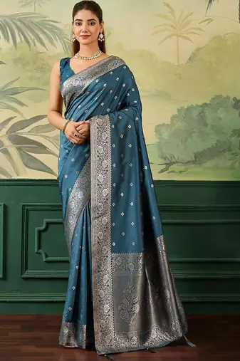 Teal zari silk blend handloom banarasi saree