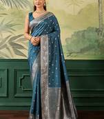 Teal zari silk blend handloom banarasi saree