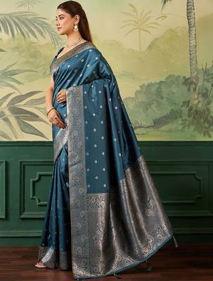 Teal zari silk blend handloom banarasi saree 2
