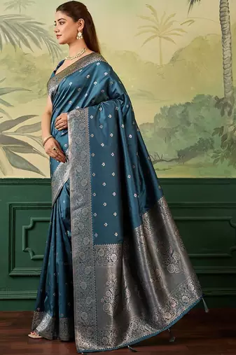 Teal zari silk blend handloom banarasi saree