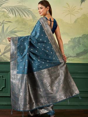 Teal zari silk blend handloom banarasi saree 3