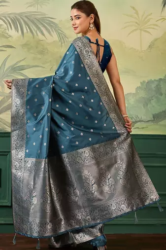 Teal zari silk blend handloom banarasi saree