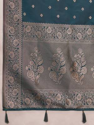 Teal zari silk blend handloom banarasi saree 4