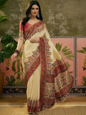 Off white position printed zari weaving saree with contrast blouse piece 1
