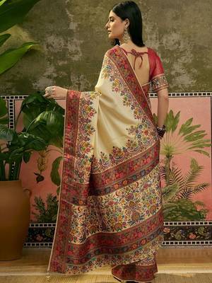 Off white position printed zari weaving saree with contrast blouse piece 4