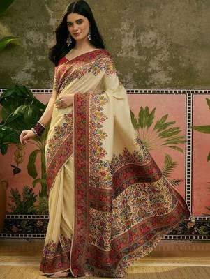 Off white position printed zari weaving saree with contrast blouse piece 5