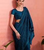 Teal ethnic embroidered festive wear saree with matching blouse