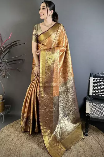 Gold ethnic motifs zari silk blend heavy work kanjeevaram saree