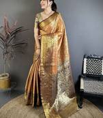 Gold ethnic motifs zari silk blend heavy work kanjeevaram saree