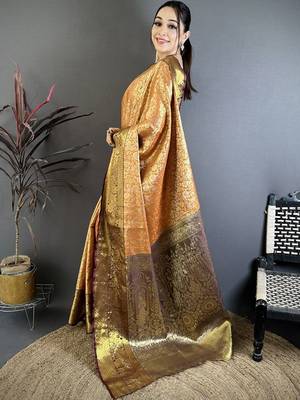 Gold ethnic motifs zari silk blend heavy work kanjeevaram saree 2