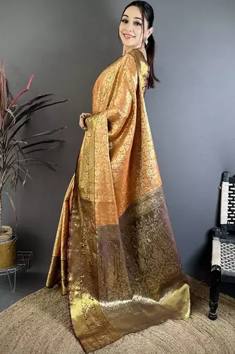 Gold ethnic motifs zari silk blend heavy work kanjeevaram saree