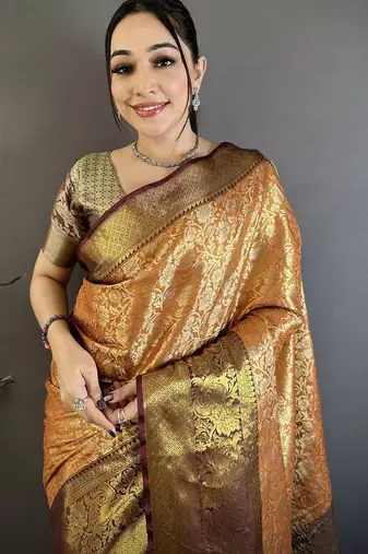 Gold ethnic motifs zari silk blend heavy work kanjeevaram saree