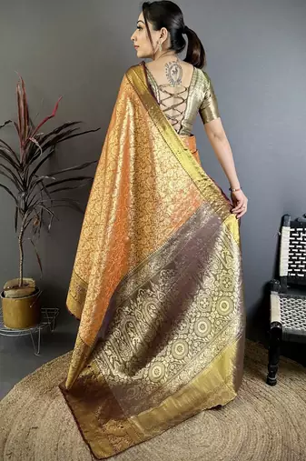 Gold ethnic motifs zari silk blend heavy work kanjeevaram saree