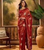 Maroon woven design banarasi saree with blouse piece