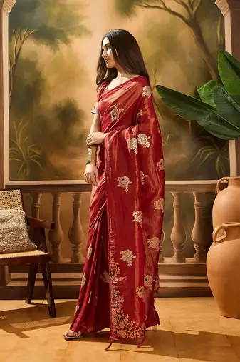Maroon woven design banarasi saree with blouse piece