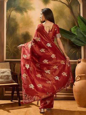 Maroon woven design banarasi saree with blouse piece 3