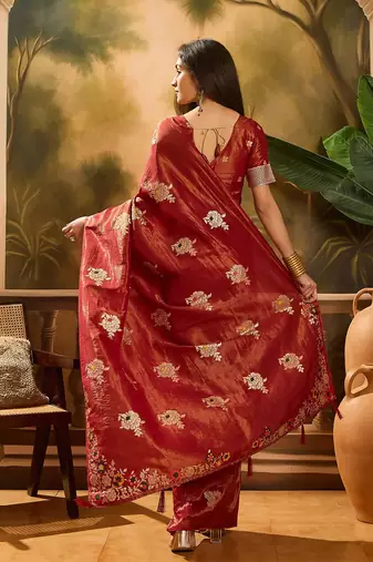 Maroon woven design banarasi saree with blouse piece