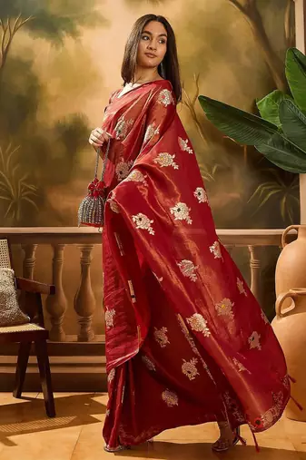 Maroon woven design banarasi saree with blouse piece
