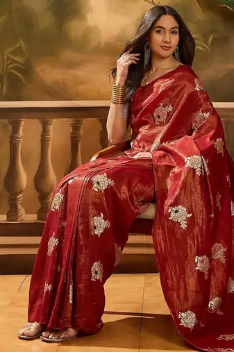Maroon woven design banarasi saree with blouse piece