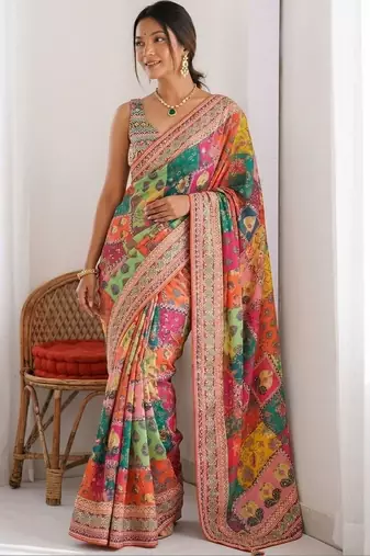 Multicolor ethnic motifs sequinned  chiffon designer saree