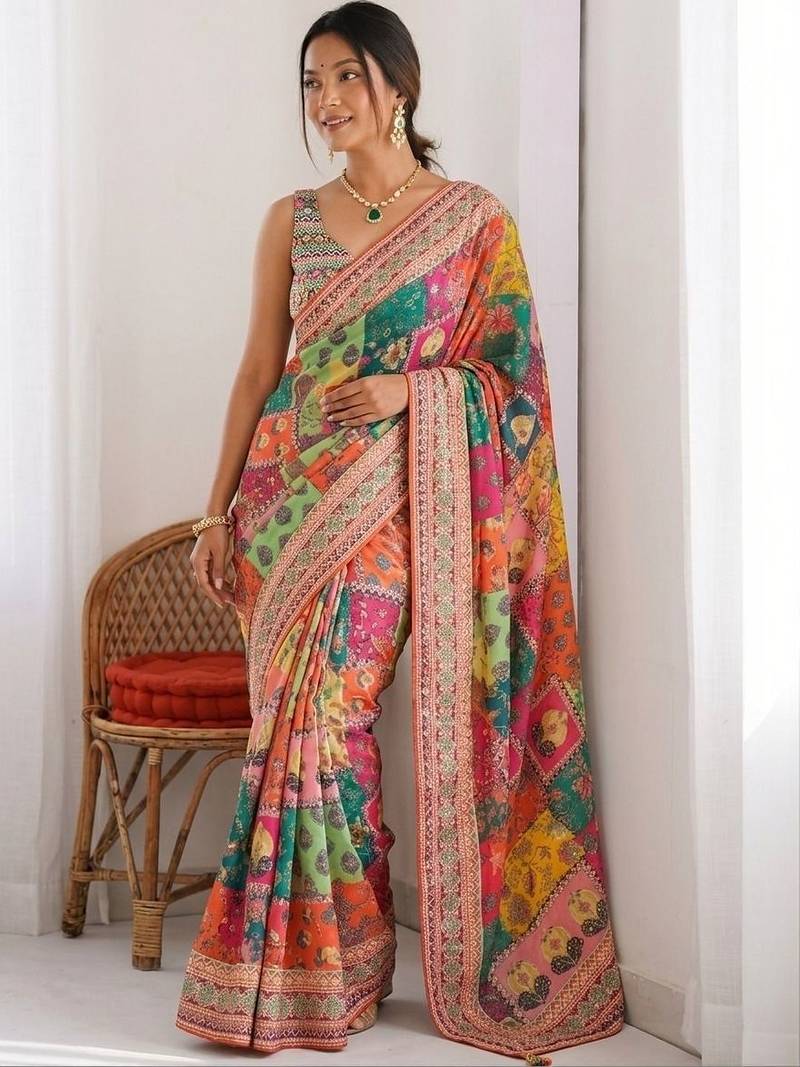 Multicolor ethnic motifs sequinned  chiffon designer saree