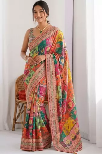 Multicolor ethnic motifs sequinned  chiffon designer saree