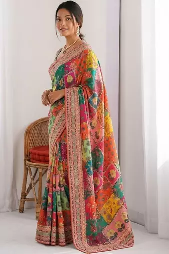 Multicolor ethnic motifs sequinned  chiffon designer saree