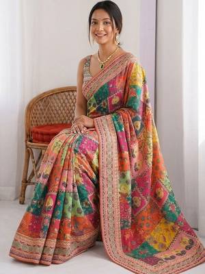 Multicolor ethnic motifs sequinned  chiffon designer saree 4