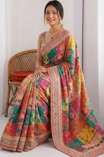 Multicolor ethnic motifs sequinned  chiffon designer saree