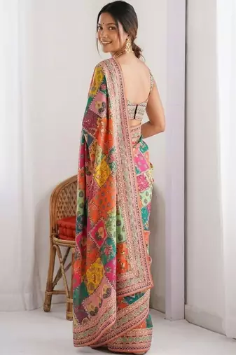 Multicolor ethnic motifs sequinned  chiffon designer saree