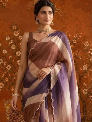 Multicolor striped mirror work satin saree 1
