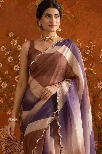 Multicolor striped mirror work satin saree