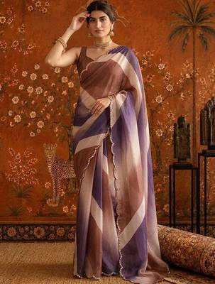 Multicolor striped mirror work satin saree 2