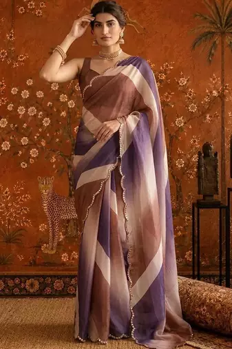 Multicolor striped mirror work satin saree