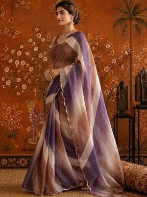 Multicolor striped mirror work satin saree 3