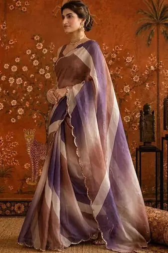 Multicolor striped mirror work satin saree