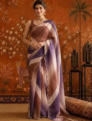 Multicolor striped mirror work satin saree 4